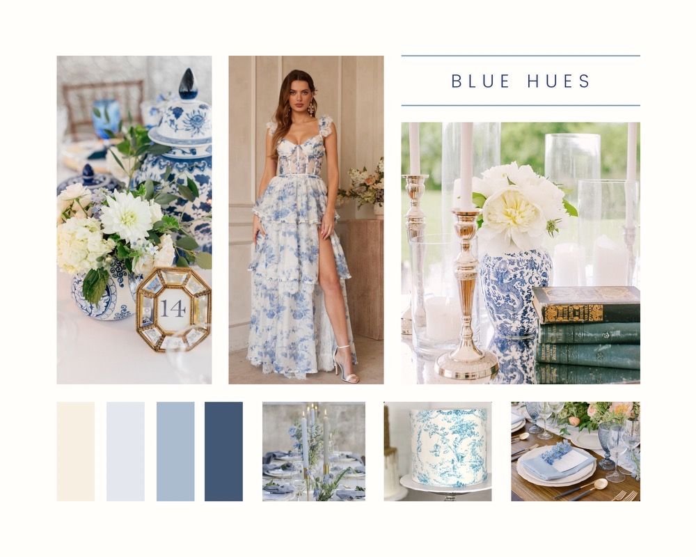 Design board titled Blue Hues: china blues, florals and patterned linens
